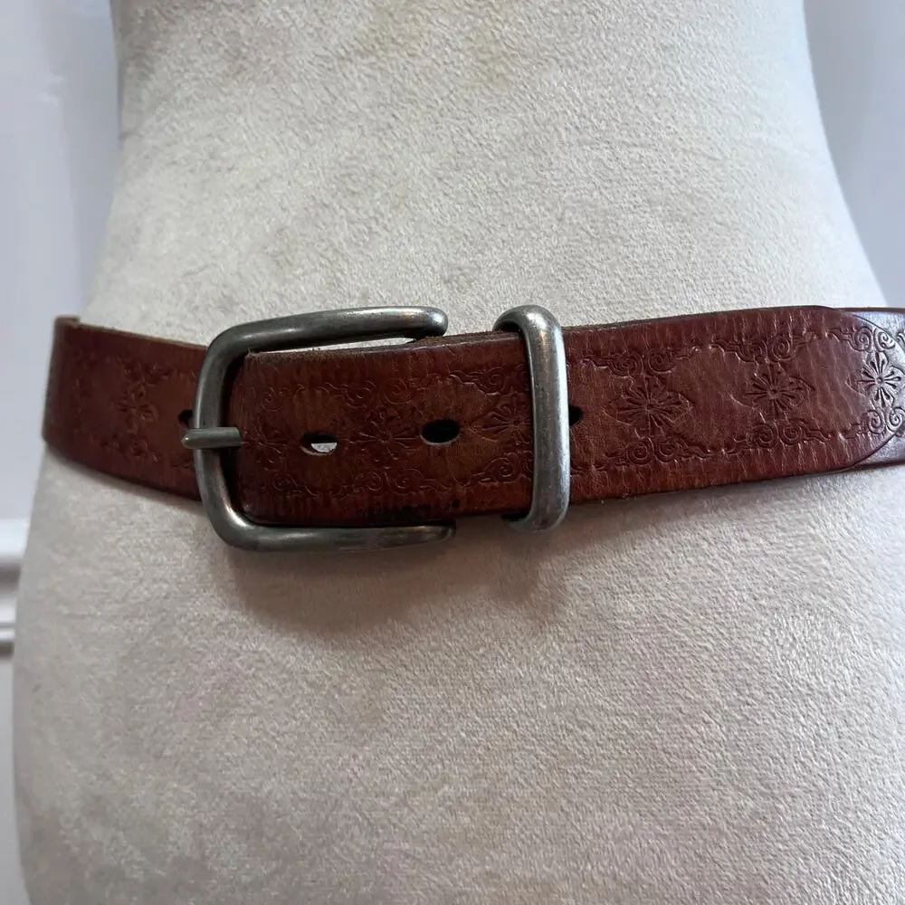 Fossil Genuine Leather Tooled Brown Belt Floral Western Boho Size S